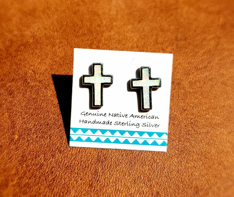 White Opal Cross Earrings