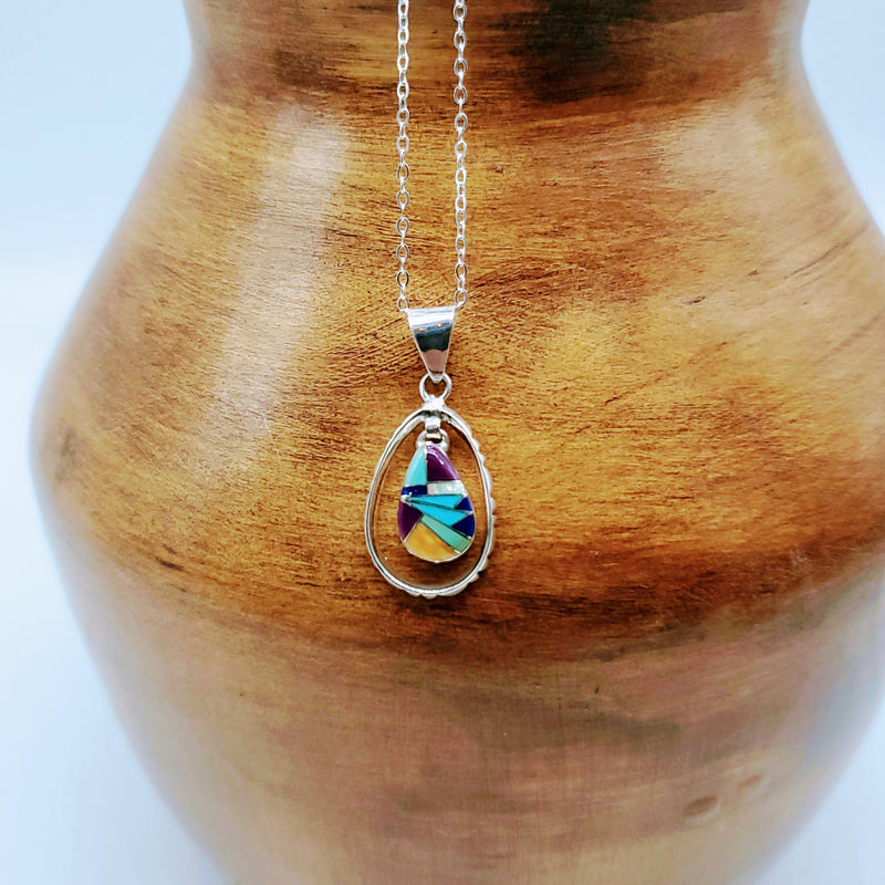 Silver necklace with teardrop inlay multicolor stones