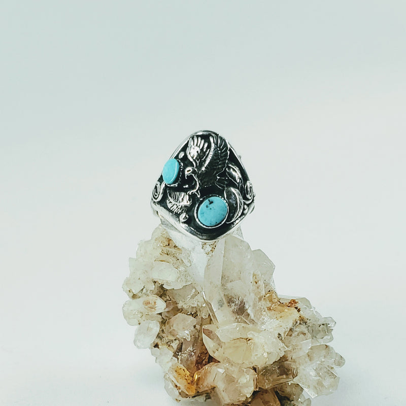 Two Small Turquoise Stone with Eagle Design Ring