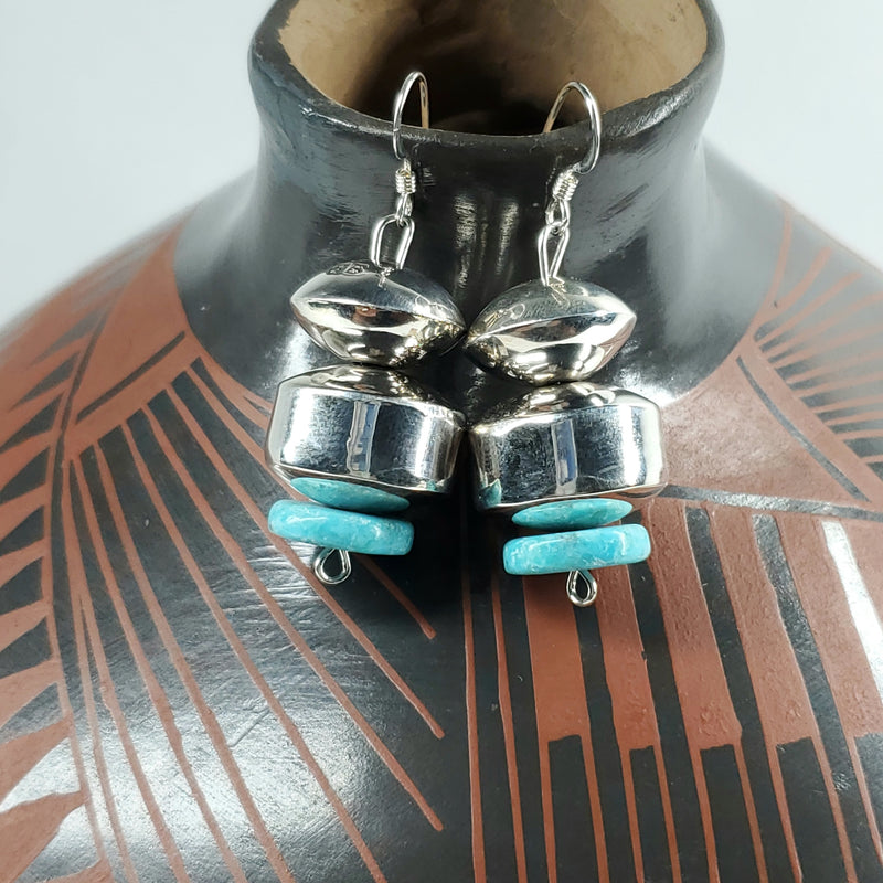 Silver Handmade Beads with Kingman Turquoise Earrings