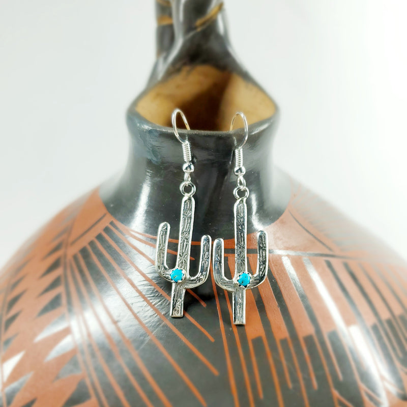 Silver Cacti Earrings with Turquoise