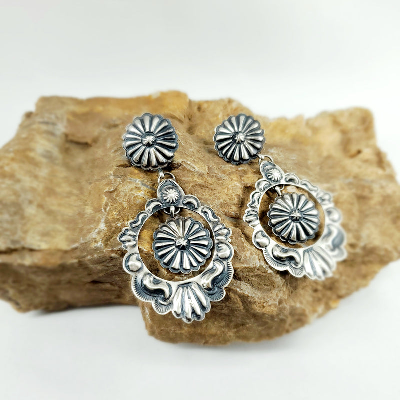 Concho Hand Stamped Brushed Silver Earrings