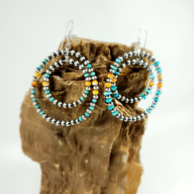 Navajo Pearls Double Hoop Dangle Earrings with Spiny Orange and Turquoise