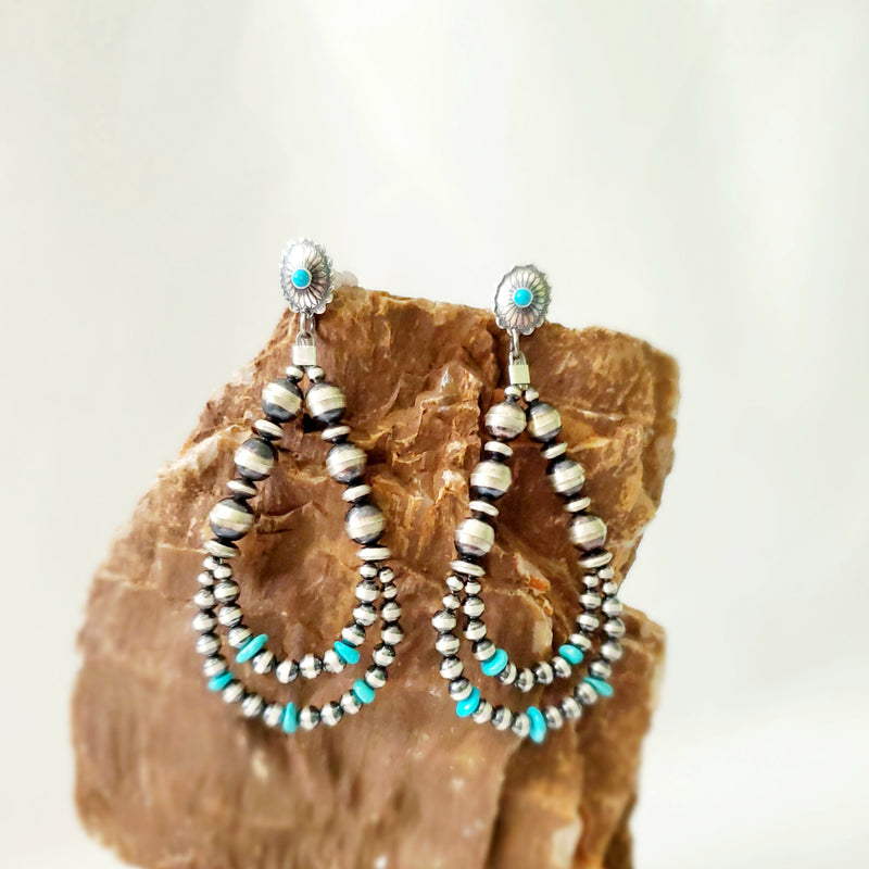 Navajo Pearl Post Double Drop Earring with Turquoise