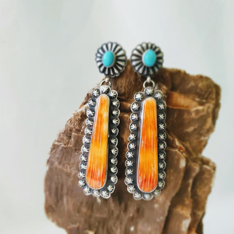 Concho Turquoise Post/Dangle Spiny Orange Earrings