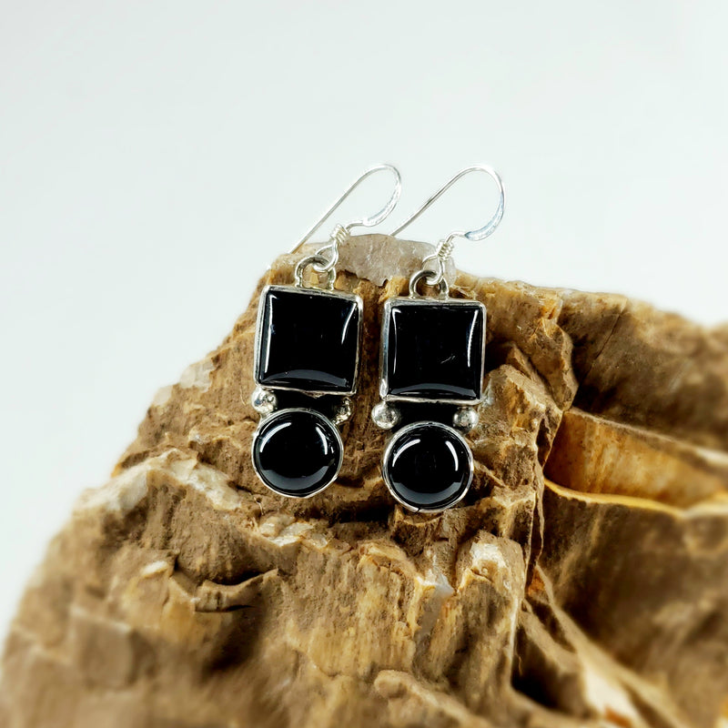 Onyx Square and Circle Earrings