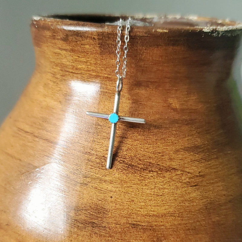 Silver Slim Cross with Kingman Stone Pendant Necklace