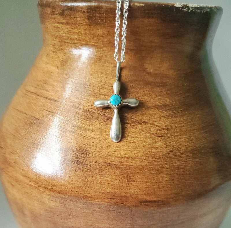 Silver Cross with Turquoise Pendant Necklace