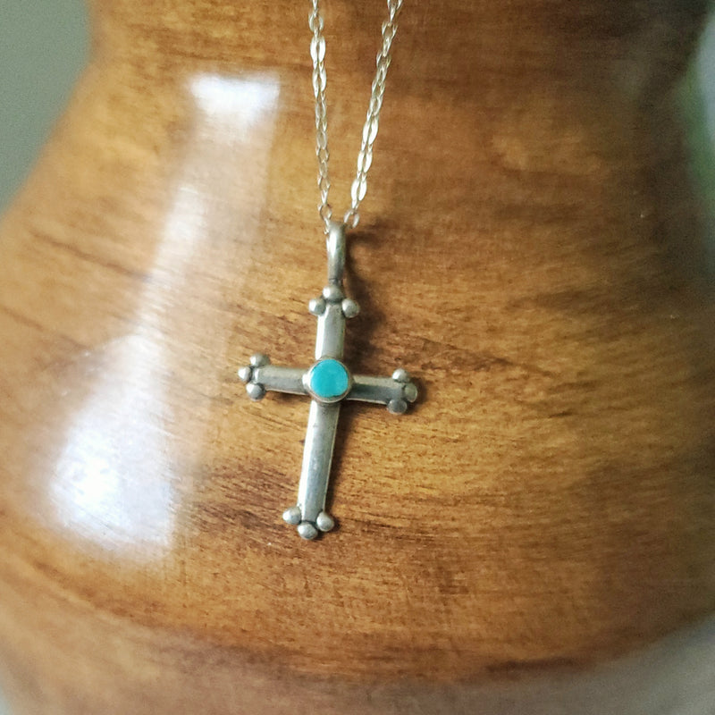 Silver Cross with Kingman Turquoise Necklace