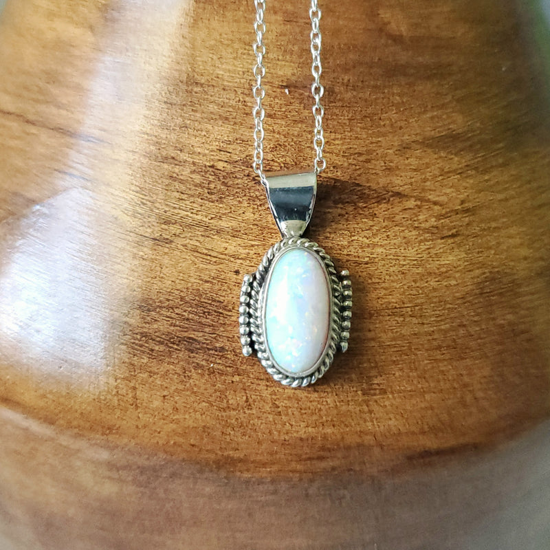 White Opal Oval Pendant Necklace