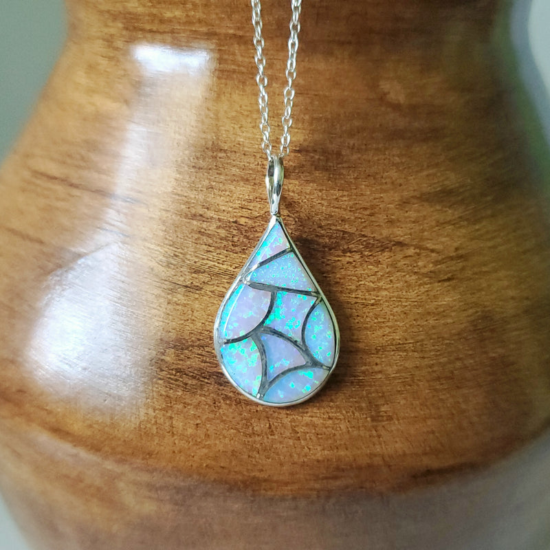 Zuni White Opal Silver Inlay Pendant Necklace