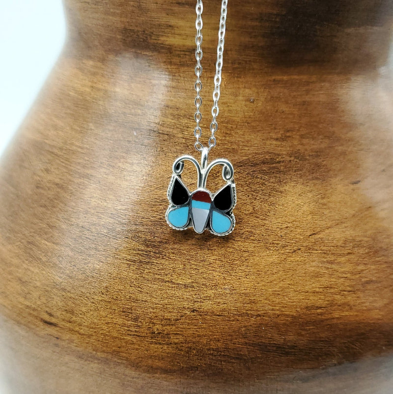 Butterfly Multi-color Inlay pendant. Silver Chain