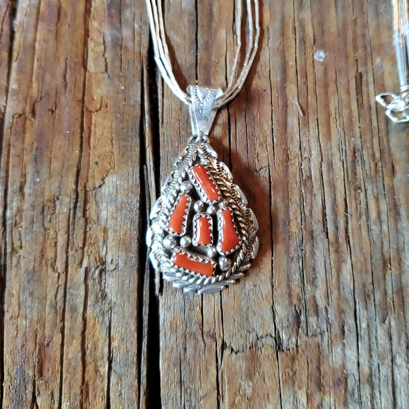 Coral 5 Stone Pendant with Liquid Silver Chain Set