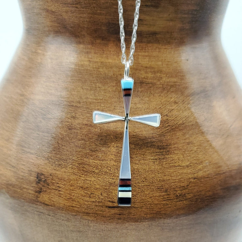 Cross Pendant with Multi-color stones. Silver chain