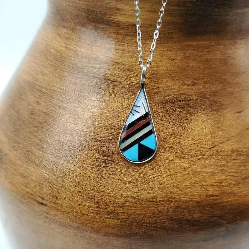 Large Teardrop Pendant with Multi-color inlay stones. Silver Chain