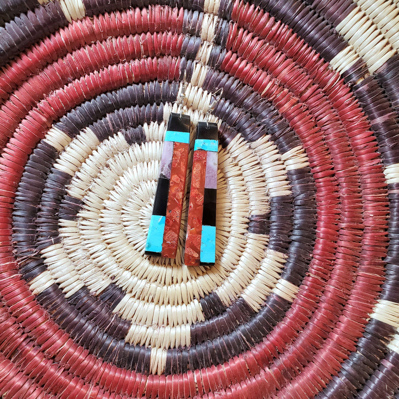 Long Apple Coral Multi Inlay Earrings
