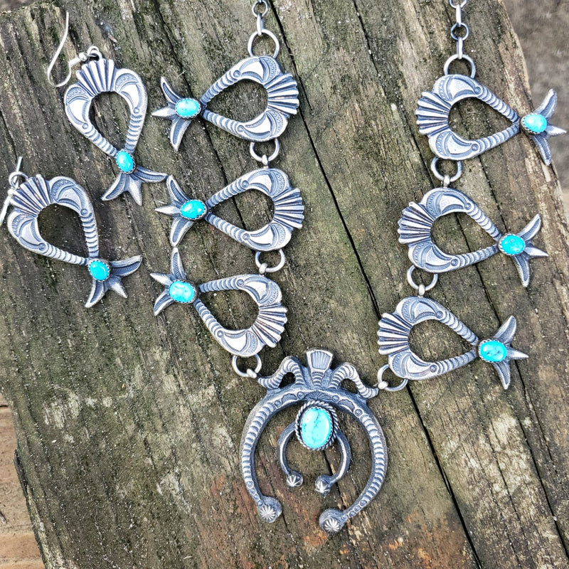 Navajo Kingman Turquoise Sandcast Naja Necklace and Earring Set