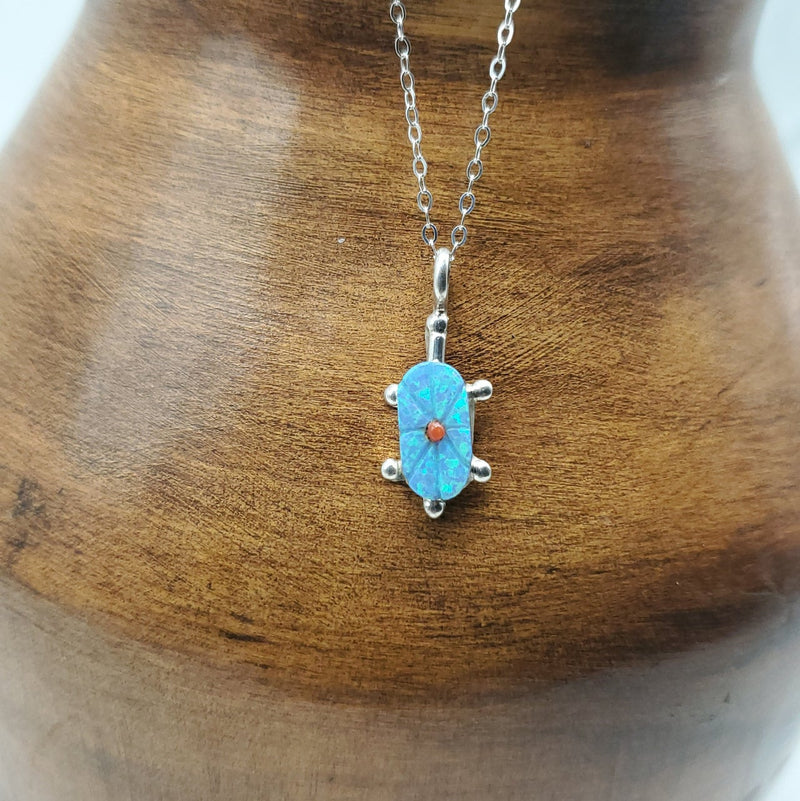 Opal Turtle with tiny Coral Stone. Silver Chain