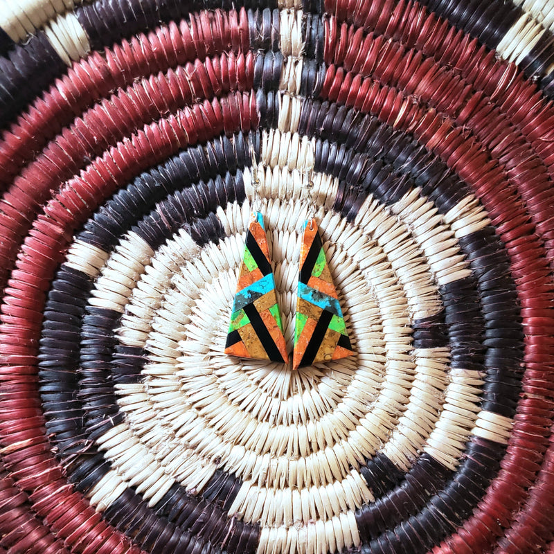 Orange Lime Green Multistone Triangle Earrings