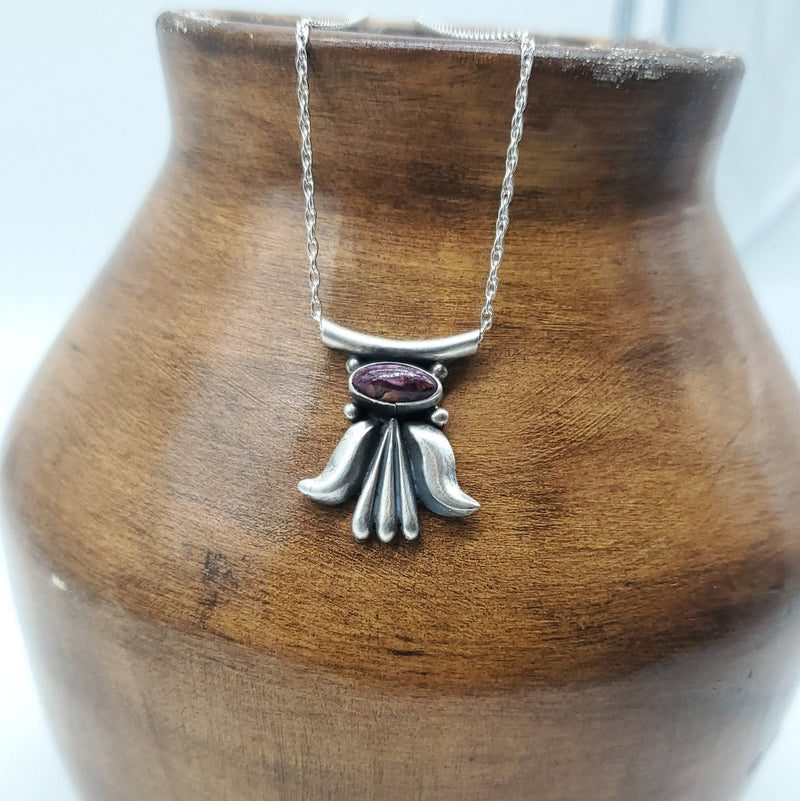 Purple Spiny Oyster Brushed Silver Sliding Pendant with Fan accent