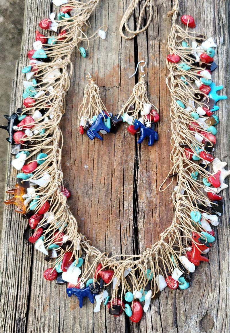 Rope Horse Multi-Stone Necklace and Earring Set