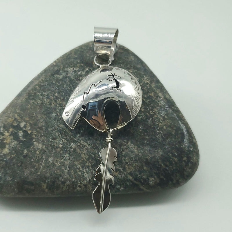 Silver Bear Pendant with dangle feather