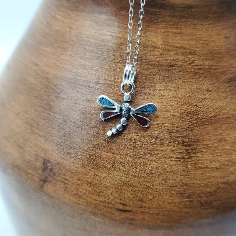 Silver Chip inlay Dragonfly Pendant. Silver Chain