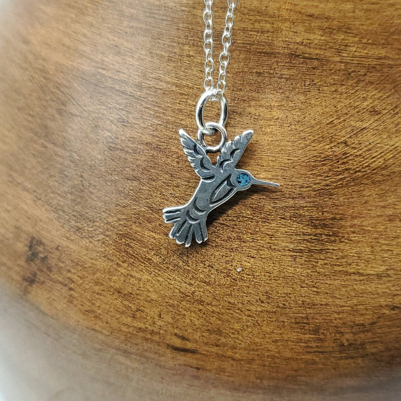 Silver hummingbird with chip turquoise. Silver Chain