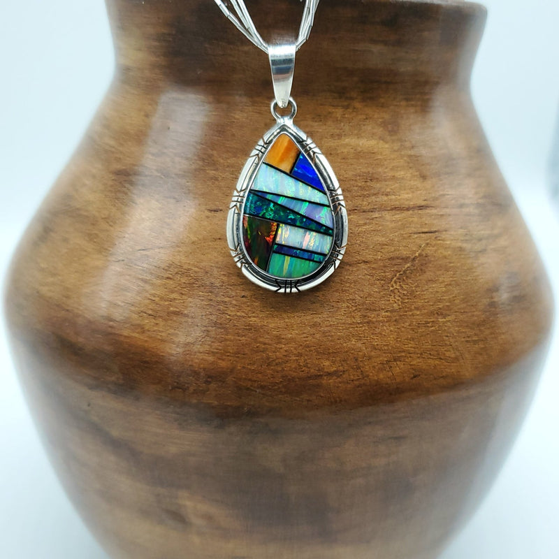 Teardrop Multi-color Opal pendant with Liquid Silver Chain
