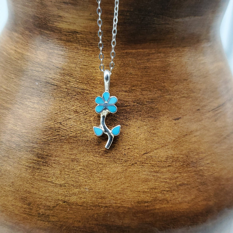 Turquoise Flower pendant with stem. Silver Chain