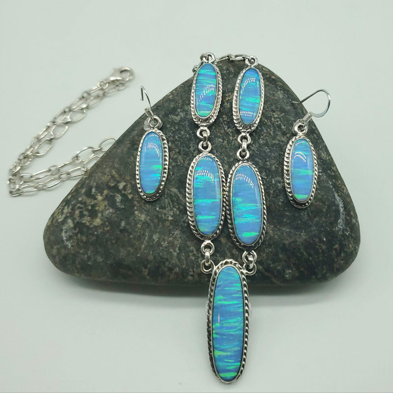 Blue Opal Oblong Oval 5 stone chain with Ear wire Earrings