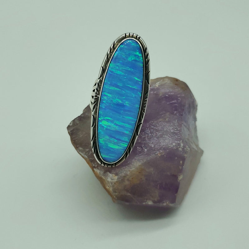Blue Opal Ring Elongated Oval