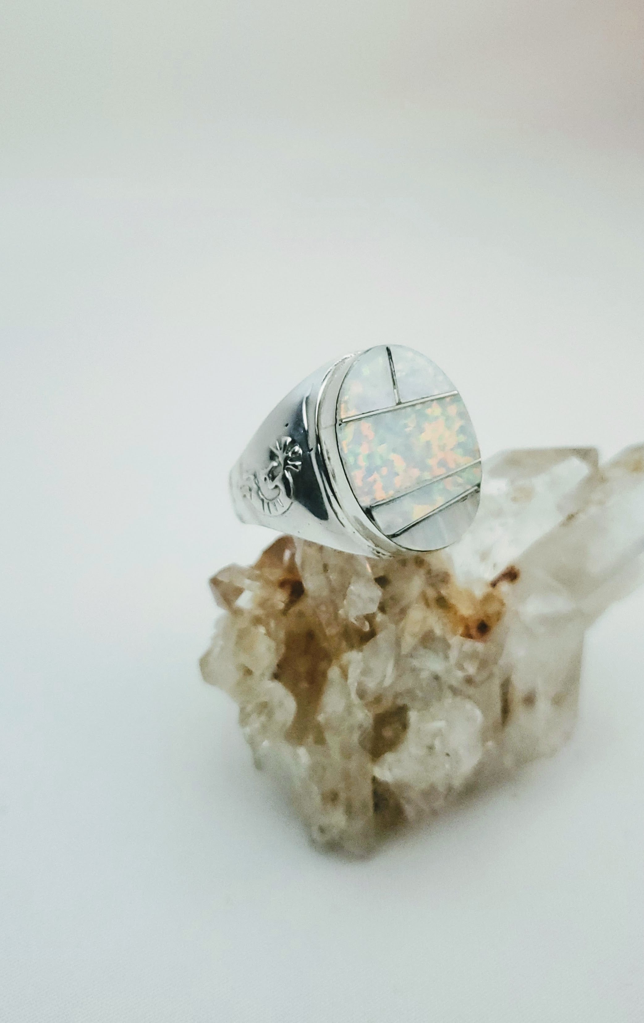 Men's Opal Inlay Rings Large White Opal Inlay Men's Ring – Navajo Jewelry and Crafts