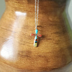 Cross  with multi-color teardrop stones. Silver Chain