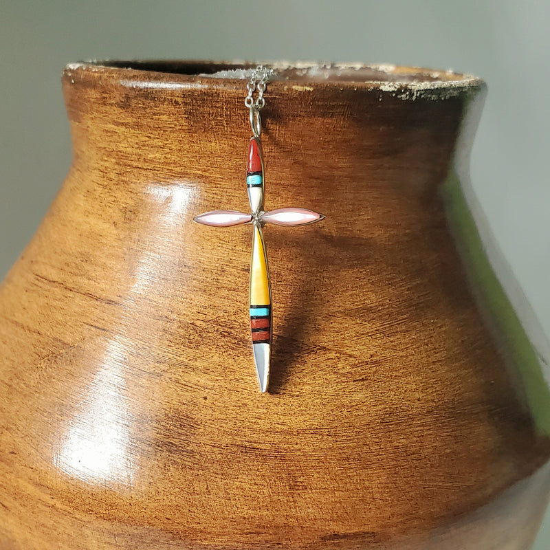 Zuni Inlay Slim Cross Pendant Necklace