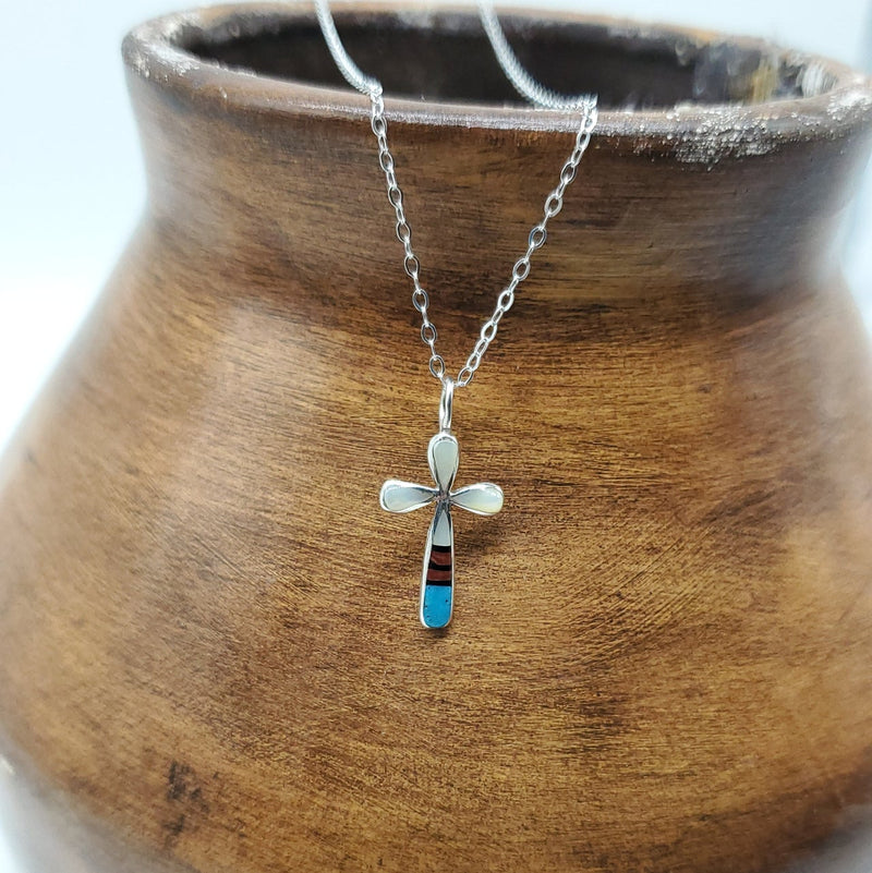 Cross  with multi-color teardrop stones. Silver Chain